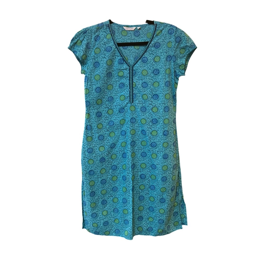 Tunic Too Dress Length Blue Green Floral Print Short Sleeve Casual S